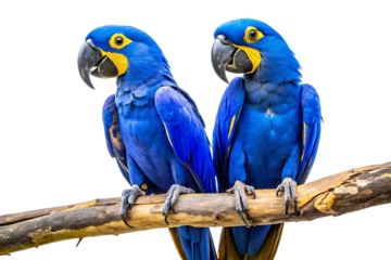 two blue and yellow Hyacinth Macaws (parrots), sitting on a tree branch on transparent background
