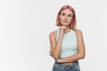 Hipster girl studio and thinking of ideas for problem solving or planning, insight and...
