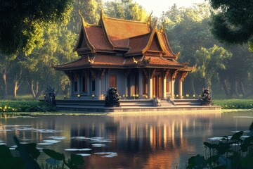 Serene waters surround a traditional temple at sunrise in a lush green landscape