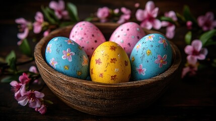 Fototapeta premium Colorful decorative easter eggs in wooden bowl with pink flowers on dark background. Easter, Pascha, Paskha, Ostern, Pascua, Paques - Orthodox and Catholic Holiday celebration