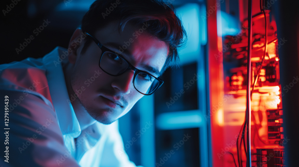 Leinwandbilder close-up portrait of a technician working with a server rack cabinet in a data center, illuminated b