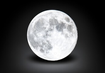 Fototapeta premium Close up view of a full moon, brightly lit against a dark background. The moon's surface is detailed, showcasing craters and texture. A subtle shadow