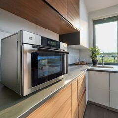 Fototapeta premium A sleek, modern microwave oven with a digital display and stainless steel finish, placed on a clean kitchen countertop, highlighting its elegant design and functionality