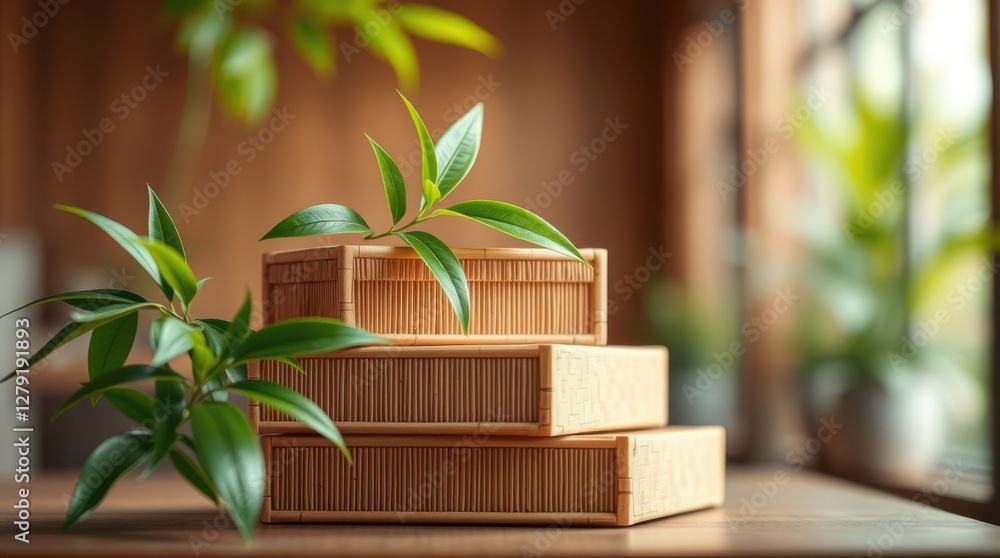 Poster stacked boxes: a calming composition of natural materials and greenery in soft light.