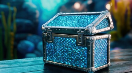 A sparkling blue treasure chest rests on a dark wooden surface, set against a blurred underwater background of teal and blue hues. The chest is