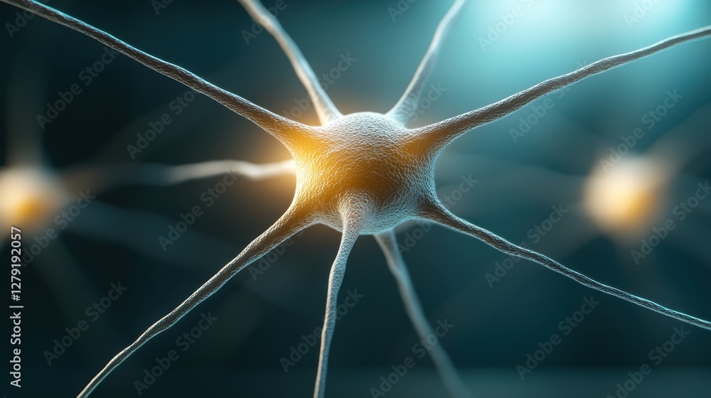 Poster microscopic view of a neuron, glowing central body with extending branches, dark teal background, bo