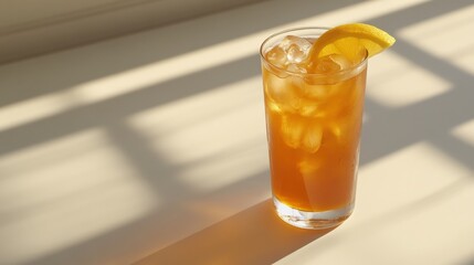 Refreshing iced tea with lemon slice in a glass on a sunlit table, creating a warm atmosphere