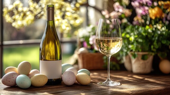 Spring table setting with wine and colorful easter eggs. Easter, Pascha, Paskha, Ostern, Pascua, Paques - Orthodox and Catholic Holiday celebration