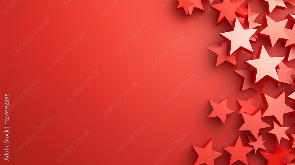 Poster bright red background with scattered three dimensional stars creating playful and festive atmosphere