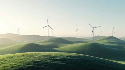 Serene Landscape with Wind Turbines on Rolling Green Hills