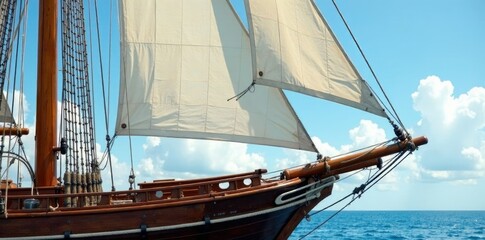 Obraz premium Horizontal wooden mast with billowing white sails and rope rigging, nautical, ropes