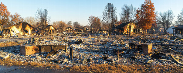 Risk assessment and compensation in property insurance coverage, Burned residential neighborhood with destroyed homes and debris after devastating fire