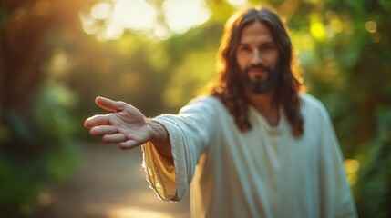 Young caucasian man extending hand in peaceful forest setting with sunlight. Easter, Pascha, Paskha, Ostern, Pascua, Paques - Orthodox and Catholic Holiday celebration