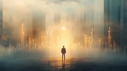 Fototapeta premium Visionary leader standing amidst urban innovation cityscape digital art futuristic environment eye-level perspective empowerment and progress