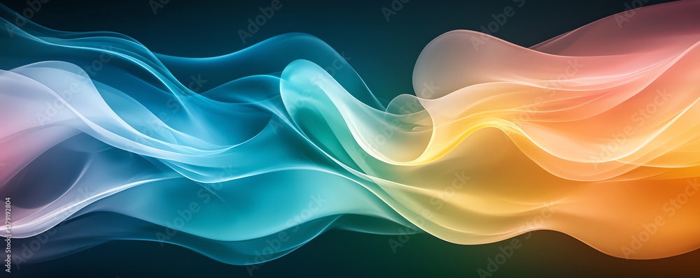 Poster vibrant abstract wave design featuring smooth gradients of blue, orange, and yellow, creating sense 