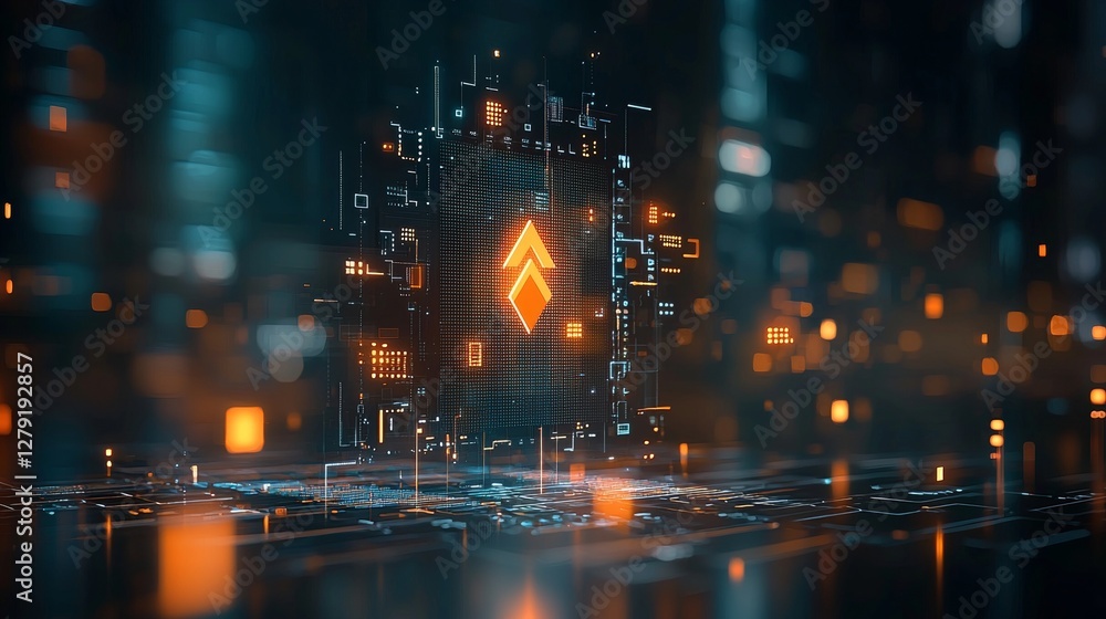 Poster innovative digital display featuring geometric patterns and futuristic elements high-tech environmen