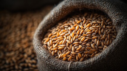 Obraz premium Close-up of brown rice in burlap sack, rustic background