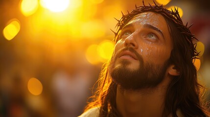 Caucasian young man with crown of thorns gazing upward in golden light. Easter, Pascha, Paskha, Ostern, Pascua, Paques - Orthodox and Catholic Holiday celebration