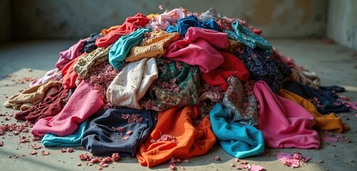 Pile of discarded colorful clothes fast fashion microtrends overconsumption. Textile waste on floor with flower decor. Illustrates consumerism impact, need for textile recycling, sustainable