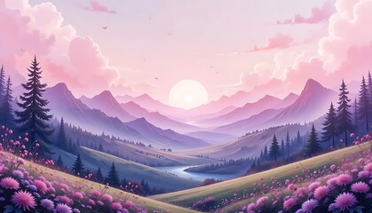Serene Nature Landscape with Majestic Mountains, Colorful Wildflowers, and Soft Pink Sky at Sunrise