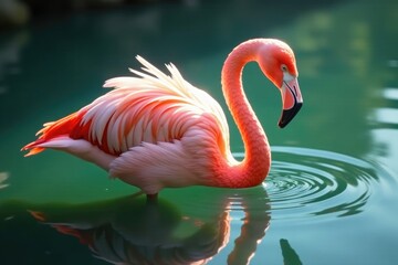 Obraz premium Pink feathers glisten in sunlight on water's surface, morning light, flamingo, watery depths
