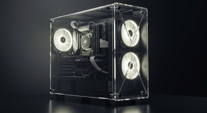 Striking transparent computer case showcasing illuminated components and cooling fans