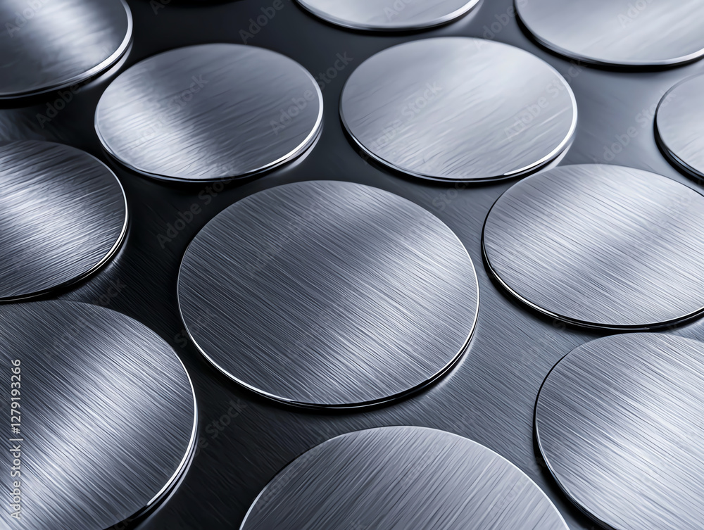 Poster brushed stainless steel circles arranged in pattern, showcasing modern and sleek design. reflective 