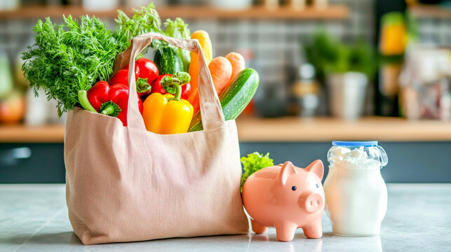 Grocery bag filled with fresh produce, dairy, and a piggy bank on the countertop