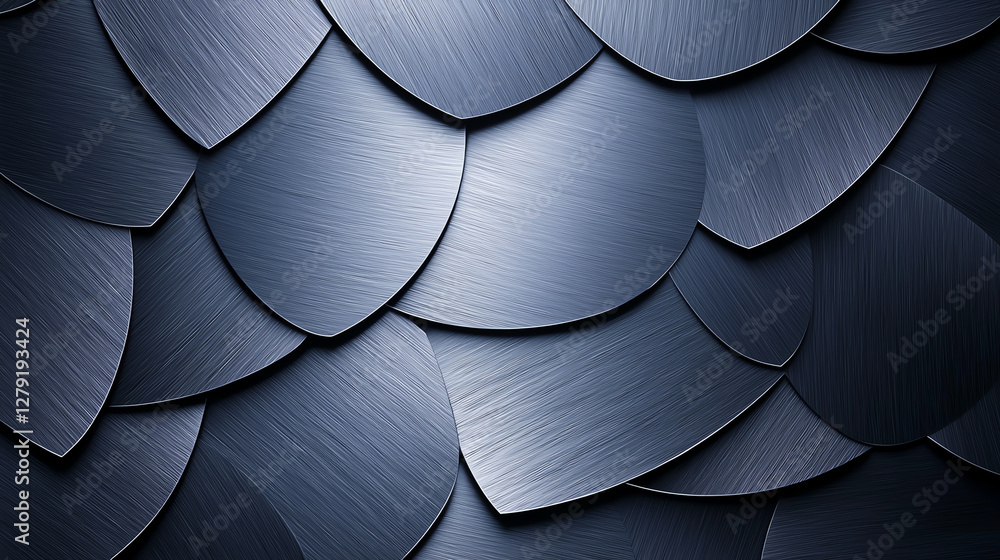 Poster sleek brushed metal texture with overlapping scales in dark tones, creating modern and industrial fe