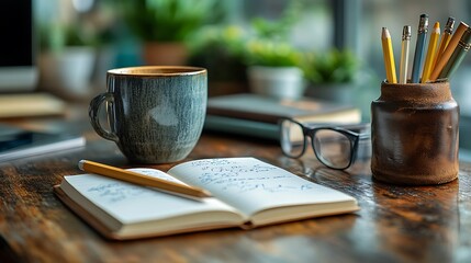 Contemporary desk with a simple coffee cup leather notebook and classic wooden pencil