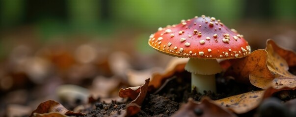 Obraz premium Pinwheel mushroom cap partially covered by rotting leaves, fungi, nature photography, forest floor