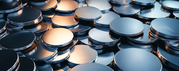 Shiny circular metal discs stacked together, reflecting light beautifully. arrangement creates visually appealing pattern, showcasing smooth surface and metallic sheen