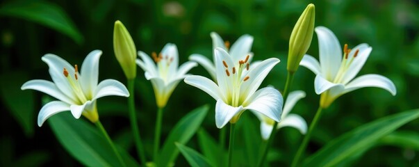Fototapeta premium Pure white lily flowers isolated against dense green foliage, bloom, solitary