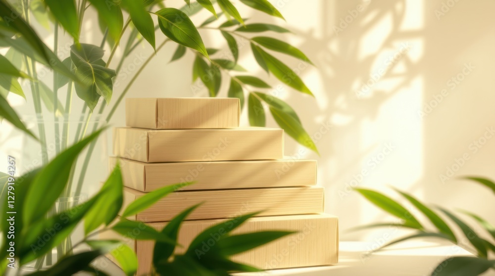 Poster minimalist boxes are displayed on a table next to greenery, in front of a window with plant shadow.