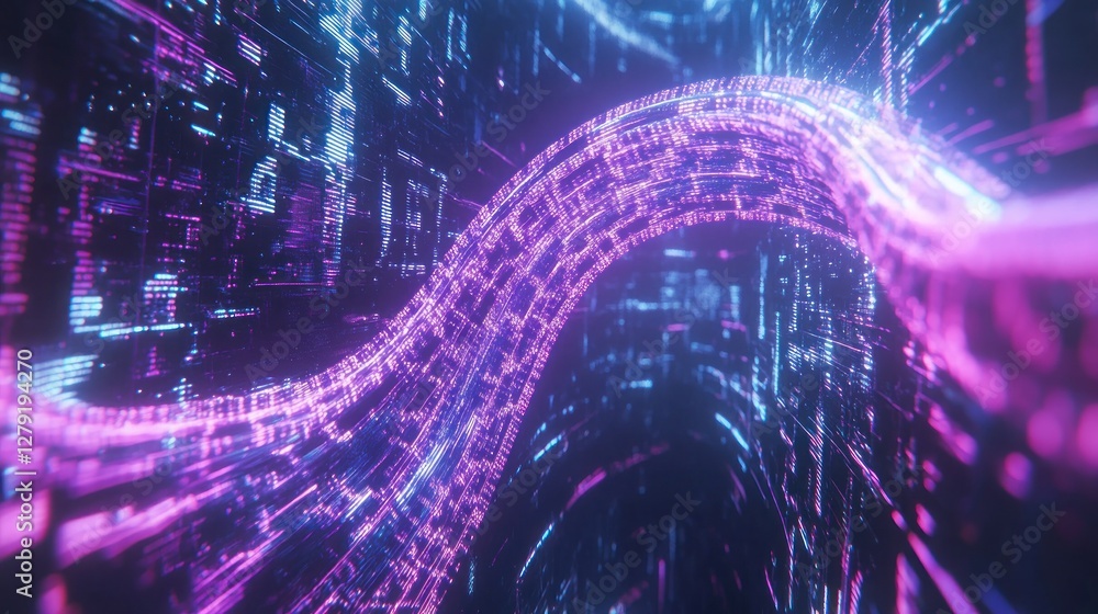 Poster abstract digital data stream flowing in a vibrant tunnel
