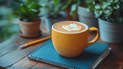 Work from home setup with a neat coffee cup productivity notebook and precise pencil