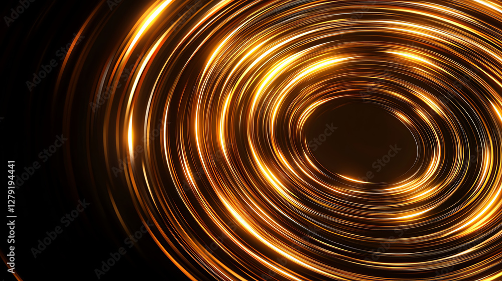 Poster shiny golden circular light patterns create mesmerizing radial texture, evoking sense of depth and m