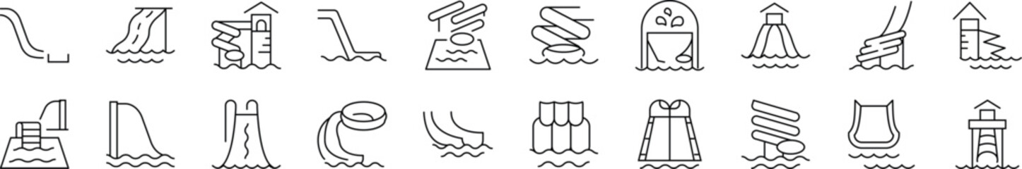 Water Slide Collection of Thin Icons. Editable Stroke. Perfect for Web Sites, Books, Cards, Apps