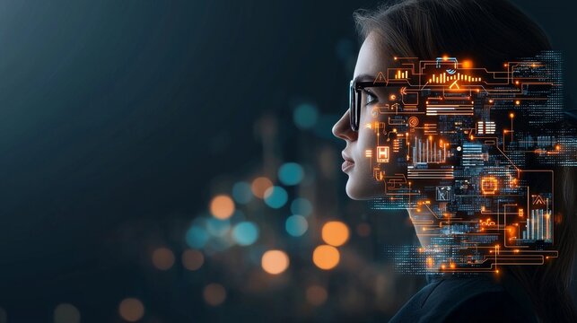 Innovative technology integration futuristic environment digital portrait urban landscape side view artificial intelligence and human connection