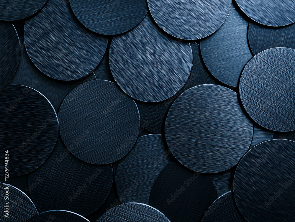 Poster brushed black alloy metal circles create textured, modern background. circular shapes and dark tones