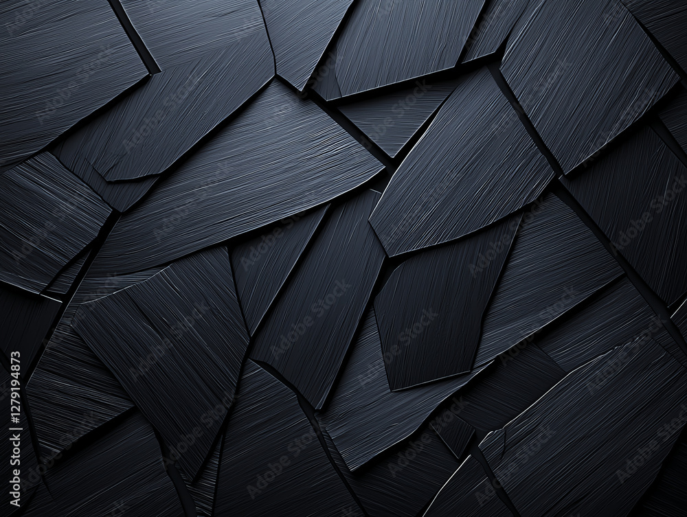 Poster textured black surface with angular shapes and brushed metal finish, creating modern and artistic lo