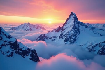 Obraz premium Serene snowy peaks shrouded in clouds at sunset, sunset, icy