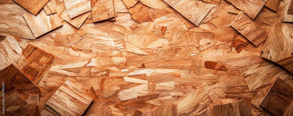Poster natural wood texture with layered chipboard pieces, showcasing warm tones and intricate patterns. id