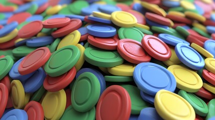 Pile of Colorful Round Tokens in Red Blue Green and Yellow with Soft Lighting