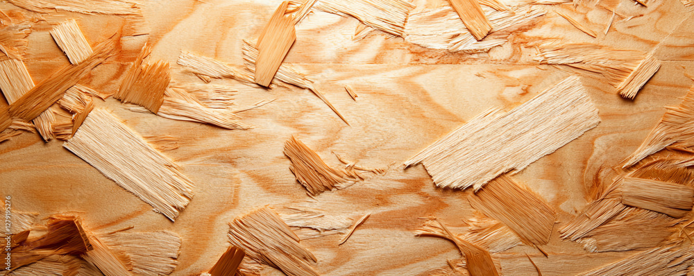 Poster textured wood surface with light colored particle board and fiberboard shavings, showcasing natural 