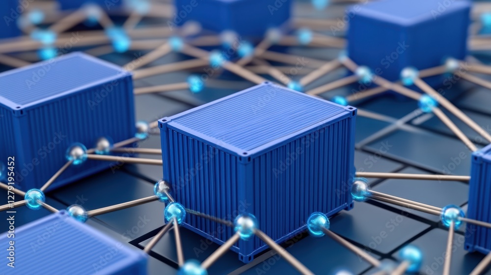 Poster abstract 3d rendering of a network of interconnected shipping containers on a dark background. the c