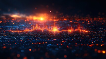 Obraz premium Vibrant abstract digital landscape with glowing peaks and valleys, resembling sound waves at dusk