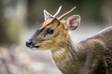 Fototapeta premium A close-up of a muntjac deer, highlighting its distinctive small stature and antlers
