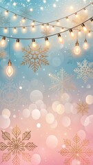 Golden Fairy Lights And Hanging Snowflakes Against A Soft Bokeh Background In Pastel Pink And Blue. Elegant And Festive Winter Atmosphere. Ideal For Holiday Marketing, Christmas, And New Year Promo