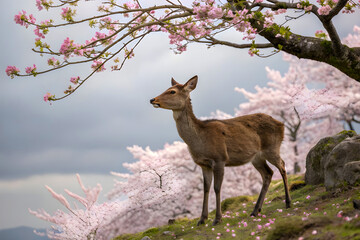 A captivating shot of a sika deer amidst cherry blossoms in Japan